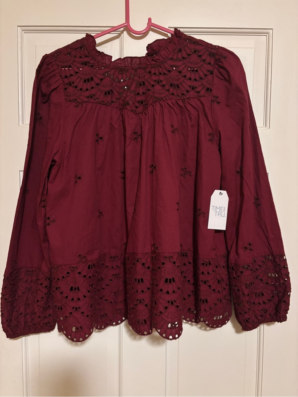 Time and Tru Burgundy Eyelet Peasant Blouse